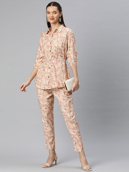 A Line Style Silk Fabric Peach Color Floral Printed Top With Belt And Bottom