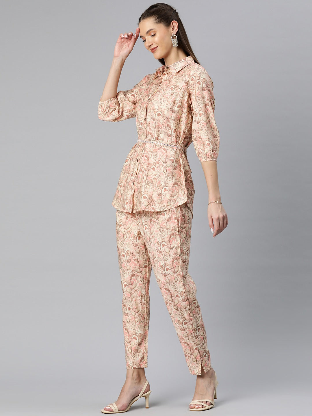 A Line Style Silk Fabric Peach Color Floral Printed Top With Belt And Bottom