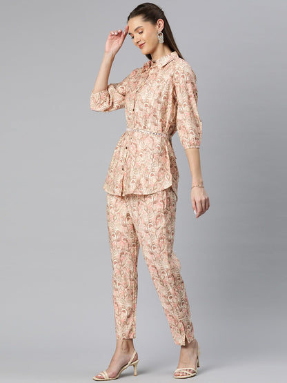 A Line Style Silk Fabric Peach Color Floral Printed Top With Belt And Bottom