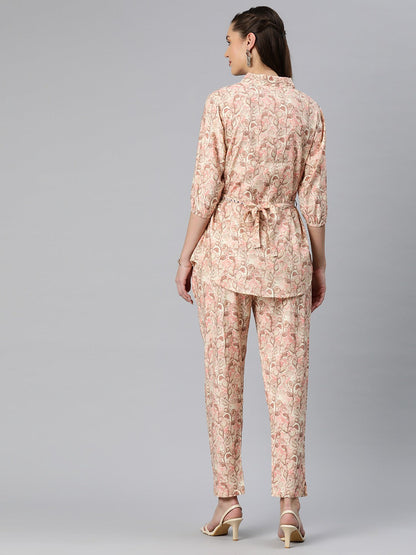 A Line Style Silk Fabric Peach Color Floral Printed Top With Belt And Bottom