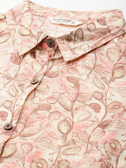 A Line Style Silk Fabric Peach Color Floral Printed Top With Belt And Bottom