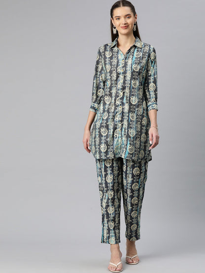 A Line Style Silk Fabric Blue Color Floral Printed Top With Sequin Work And Bottom
