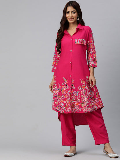 Embroidered Kurta & Trouser (Magenta)
