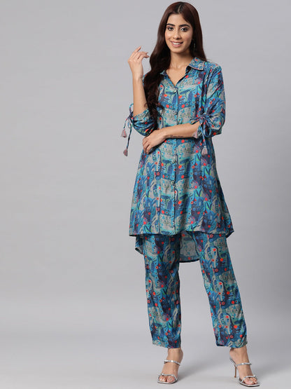 Printed Kurta With Palazzo (Navy Blue)