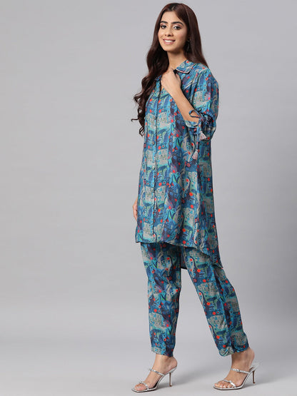 Printed Kurta With Palazzo (Navy Blue)