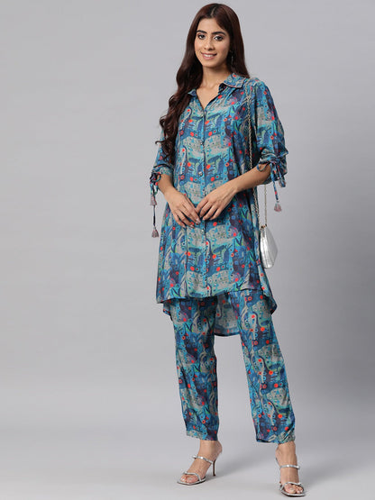 Printed Kurta With Palazzo (Navy Blue)