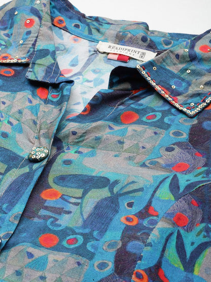 Printed Kurta With Palazzo (Navy Blue)