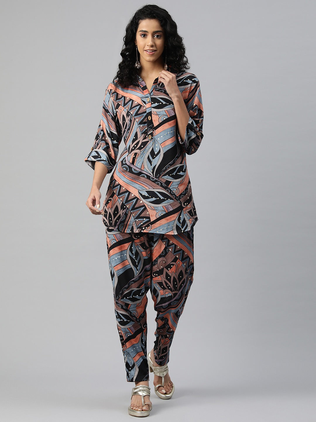 Shirt Style Silk Fabric Black Color Printed Kurta And Bottom