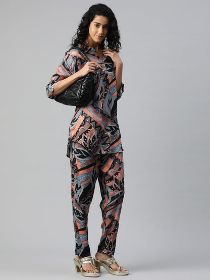 Shirt Style Silk Fabric Black Color Printed Kurta And Bottom