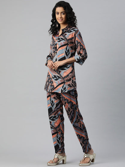 Shirt Style Silk Fabric Black Color Printed Kurta And Bottom