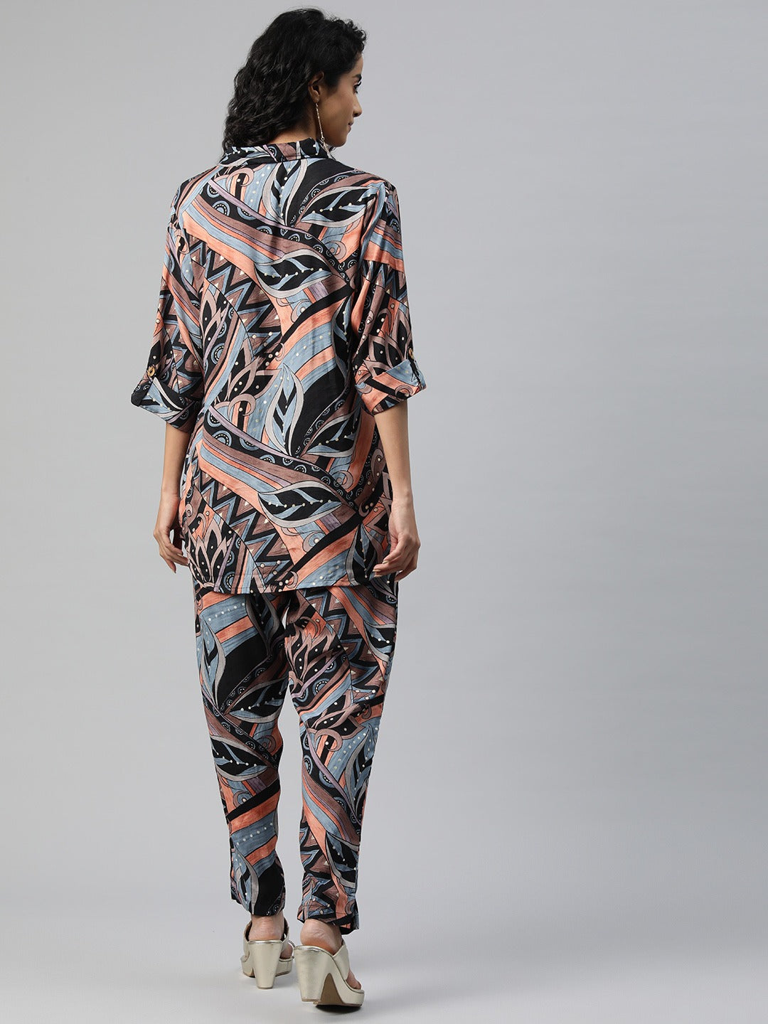 Shirt Style Silk Fabric Black Color Printed Kurta And Bottom