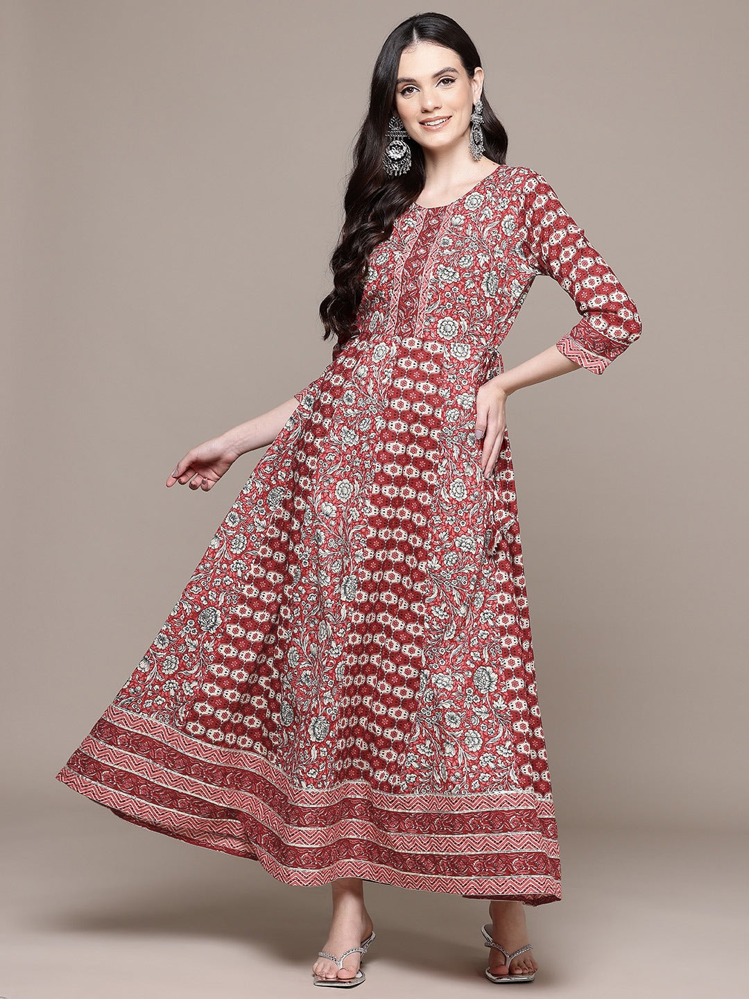 Anarkali Style Cotton Fabric Maroon Color Maxi Dress