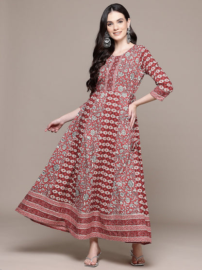 Anarkali Style Cotton Fabric Maroon Color Maxi Dress