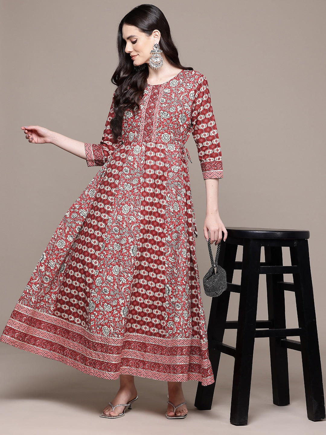 Anarkali Style Cotton Fabric Maroon Color Maxi Dress