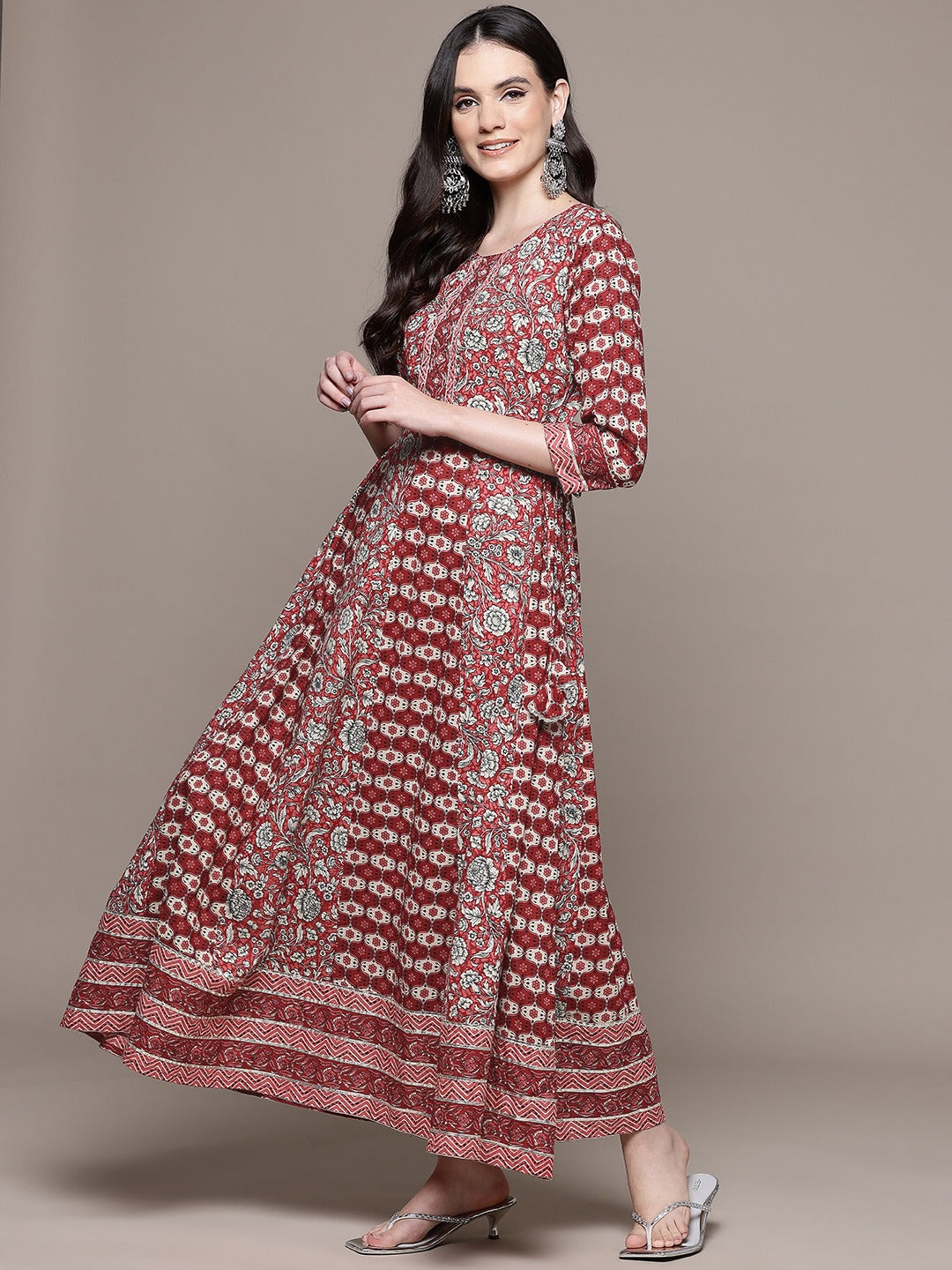 Anarkali Style Cotton Fabric Maroon Color Maxi Dress