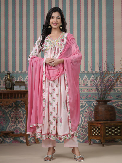 Flared Style Cotton Fabric Pink Color Kurta And Bottom With Dupatta