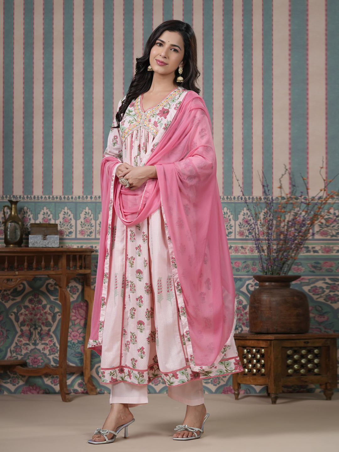 Flared Style Cotton Fabric Pink Color Kurta And Bottom With Dupatta