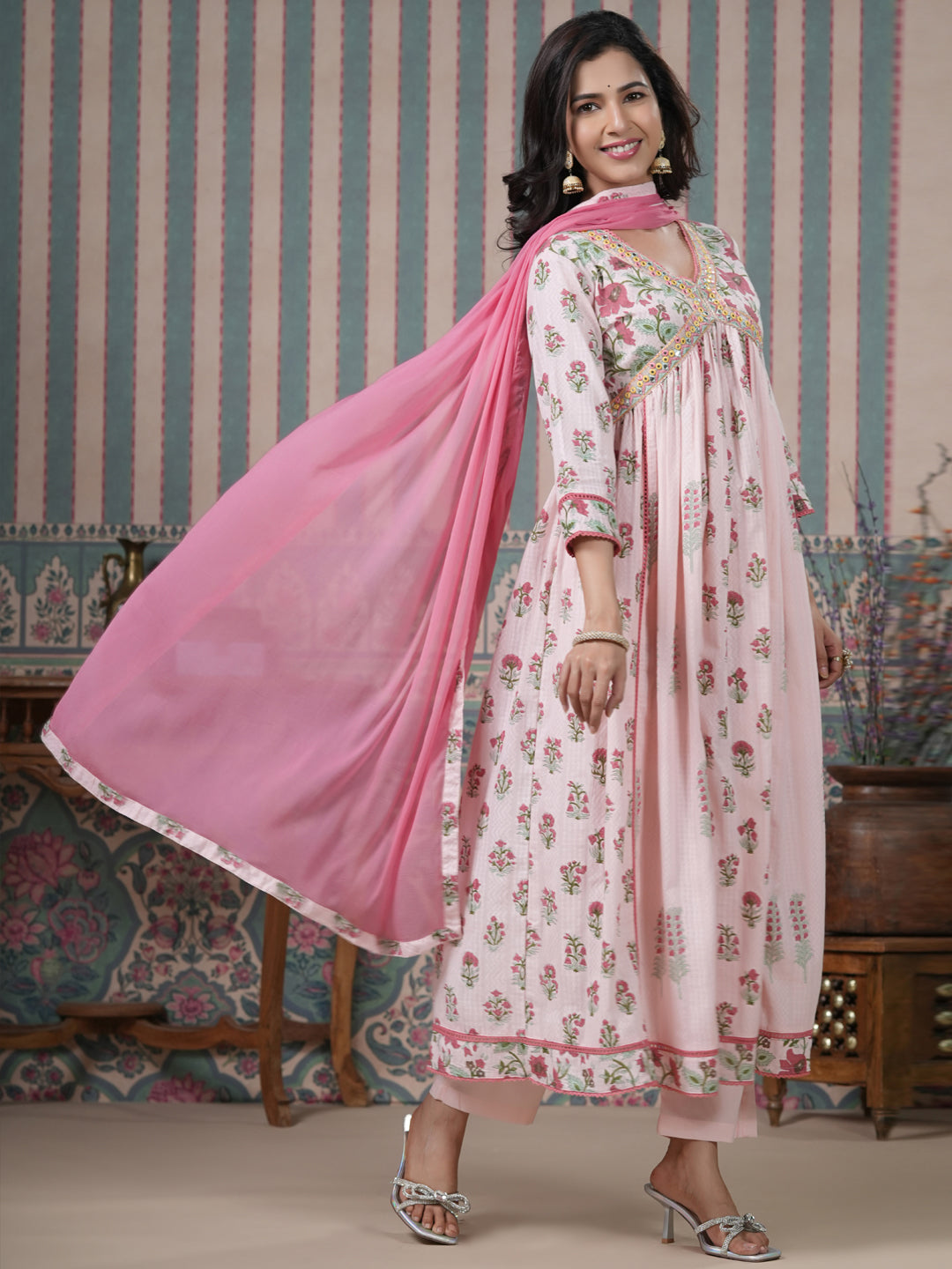 Flared Style Cotton Fabric Pink Color Kurta And Bottom With Dupatta