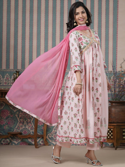 Flared Style Cotton Fabric Pink Color Kurta And Bottom With Dupatta