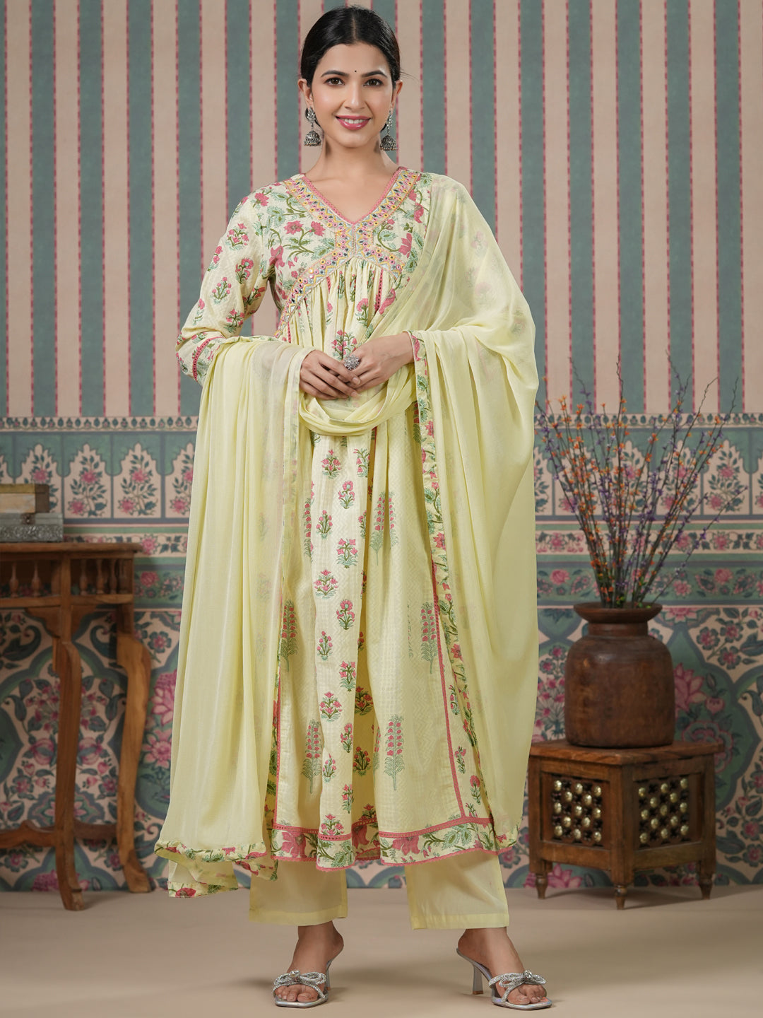 Flared Style Cotton Fabric Green Color Kurta And Bottom With Dupatta