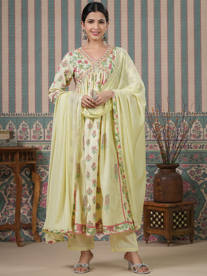 Flared Style Cotton Fabric Green Color Kurta And Bottom With Dupatta