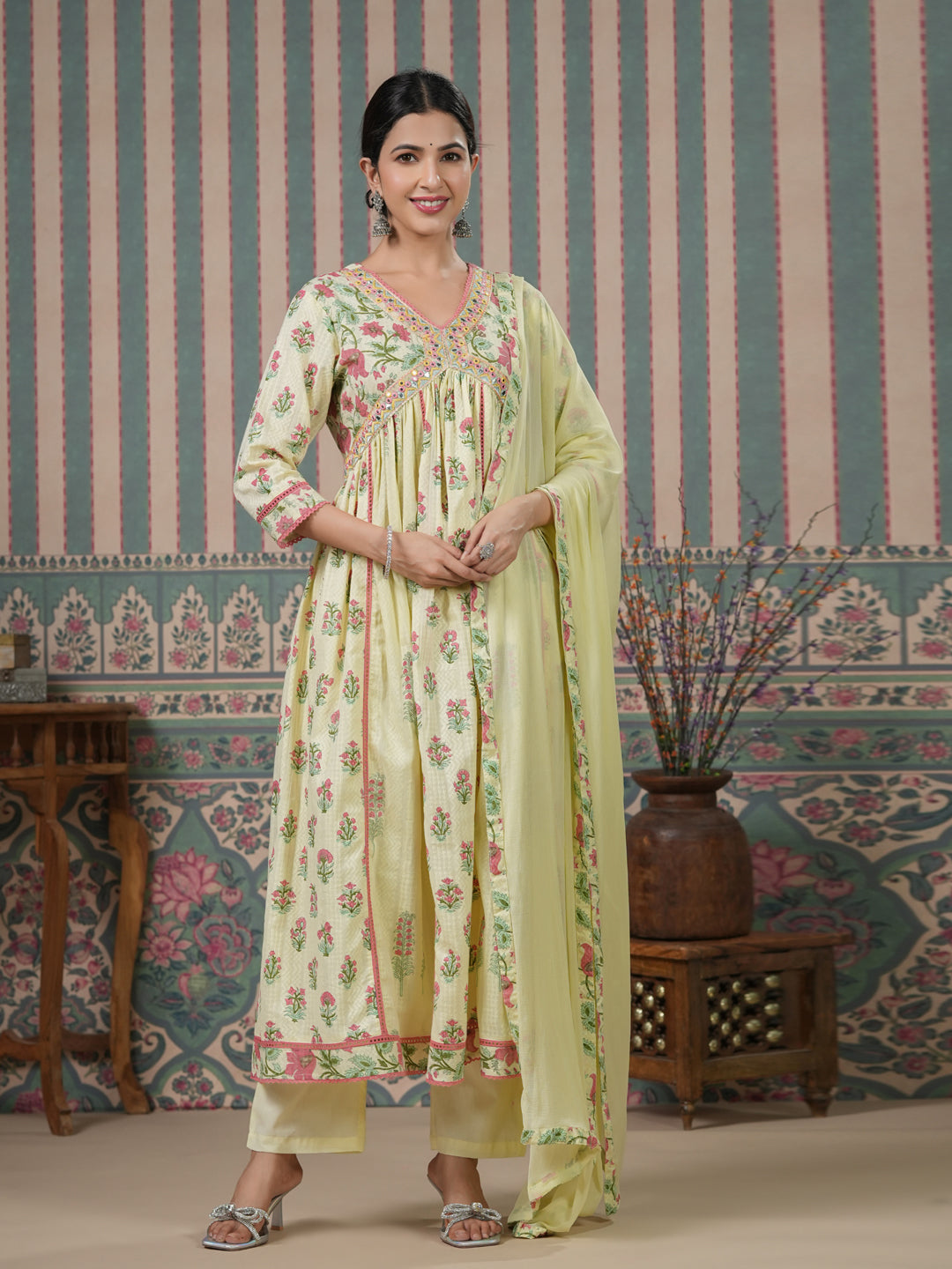 Flared Style Cotton Fabric Green Color Kurta And Bottom With Dupatta