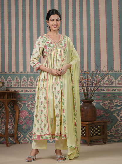 Flared Style Cotton Fabric Green Color Kurta And Bottom With Dupatta