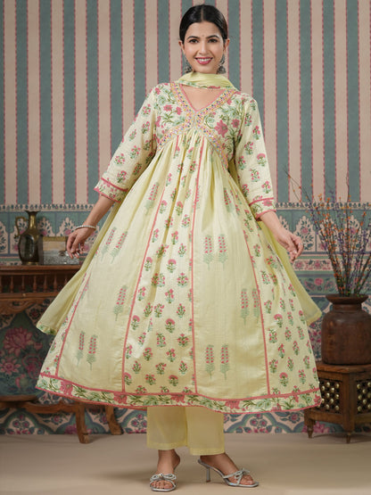 Flared Style Cotton Fabric Green Color Kurta And Bottom With Dupatta