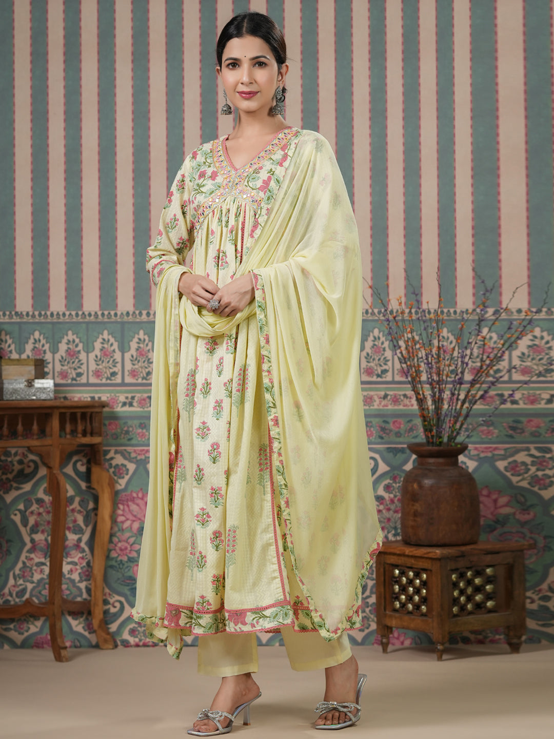 Flared Style Cotton Fabric Green Color Kurta And Bottom With Dupatta