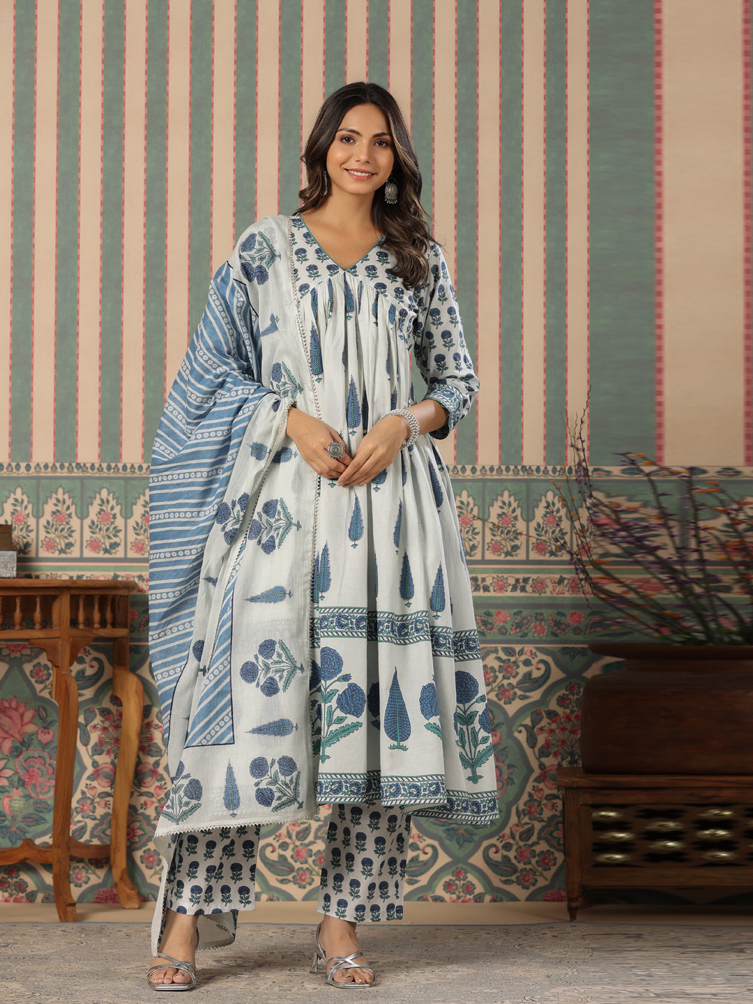 Flared Style Cotton Fabric Blue Color Kurta And Bottom With Dupatta