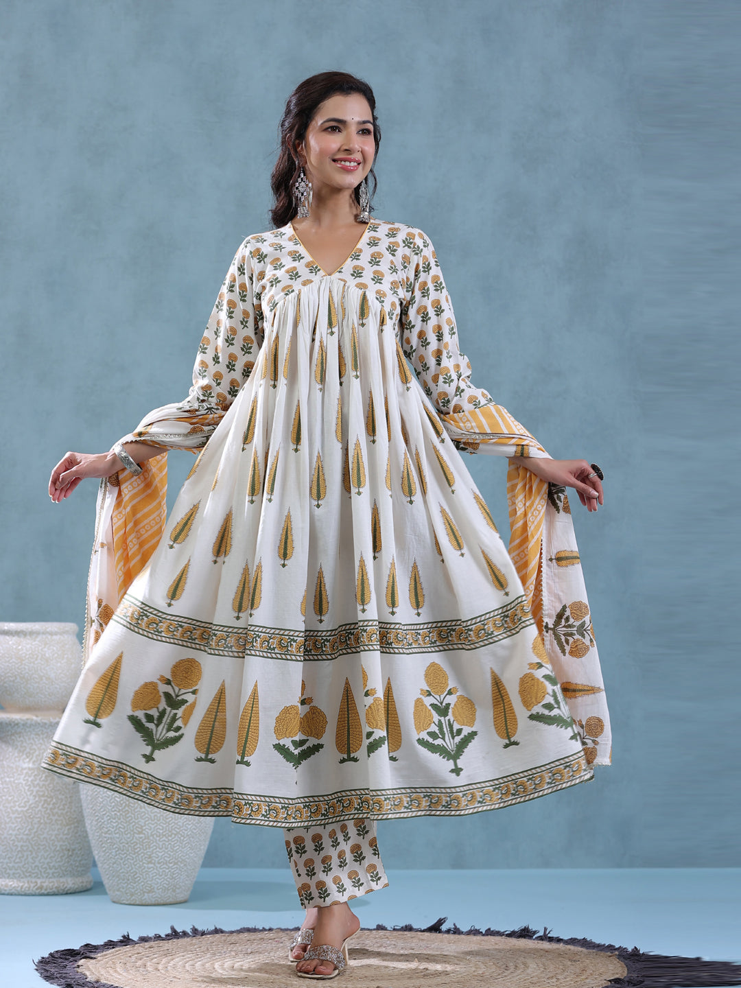 Flared Style Cotton Fabric Cream Color Kurta And Bottom With Dupatta