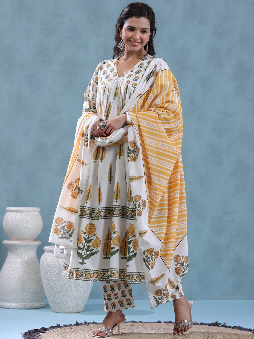 Flared Style Cotton Fabric Cream Color Kurta And Bottom With Dupatta