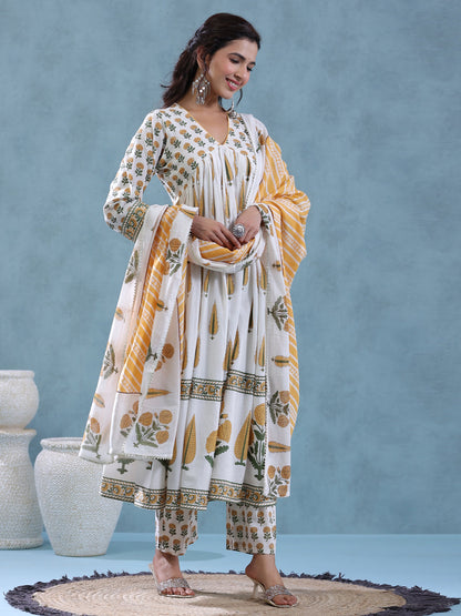 Flared Style Cotton Fabric Cream Color Kurta And Bottom With Dupatta