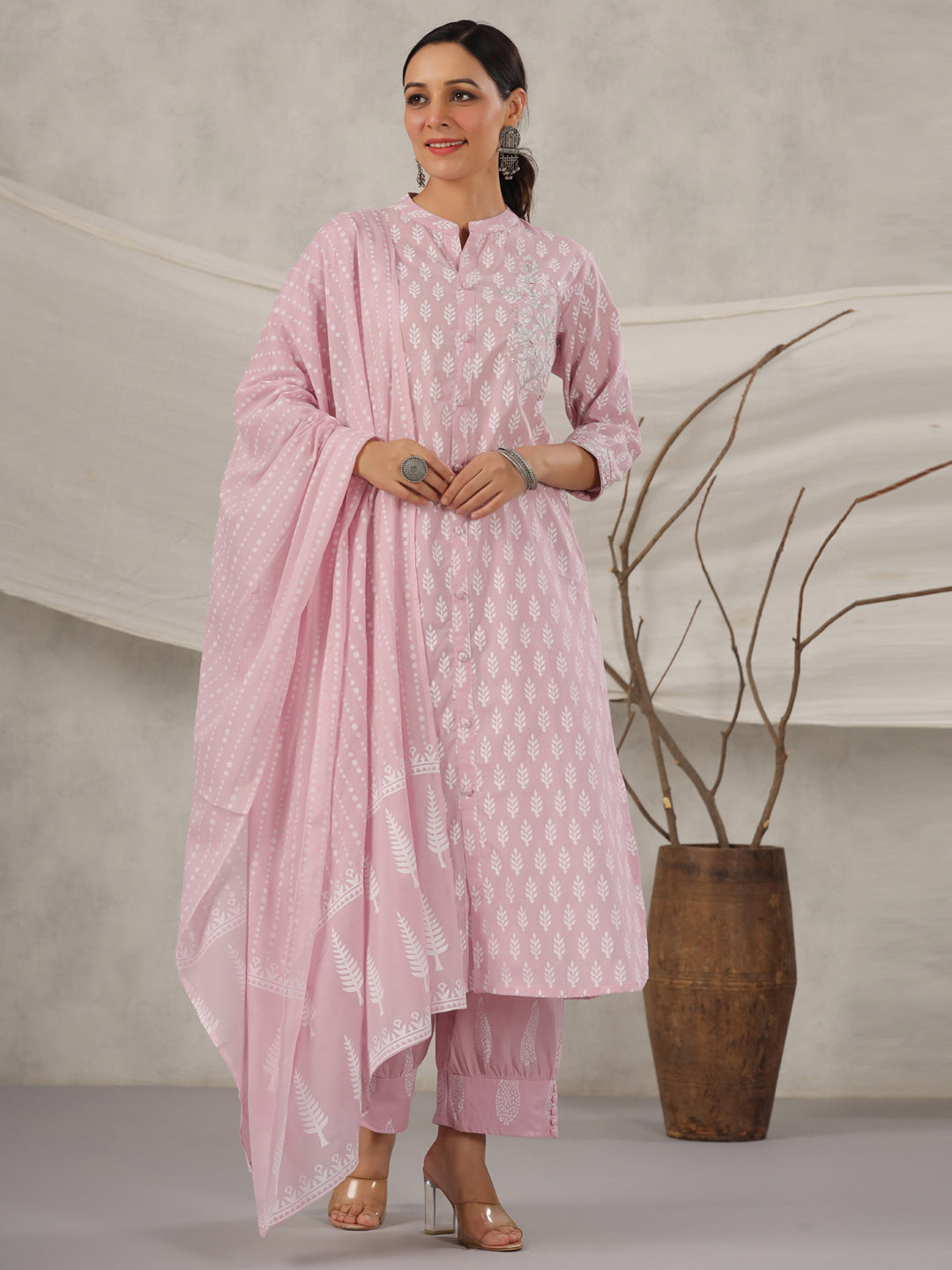 Straight Style Cotton Fabric Mauve Color Kurta And Bottom With Dupatta