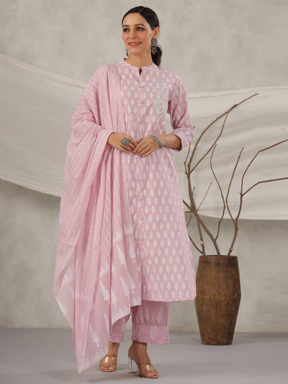 Straight Style Cotton Fabric Mauve Color Kurta And Bottom With Dupatta