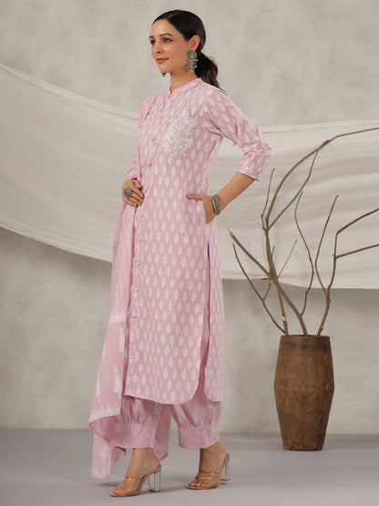 Straight Style Cotton Fabric Mauve Color Kurta And Bottom With Dupatta
