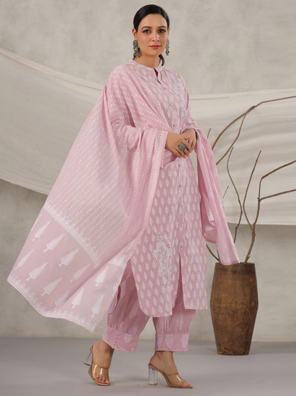 Straight Style Cotton Fabric Mauve Color Kurta And Bottom With Dupatta
