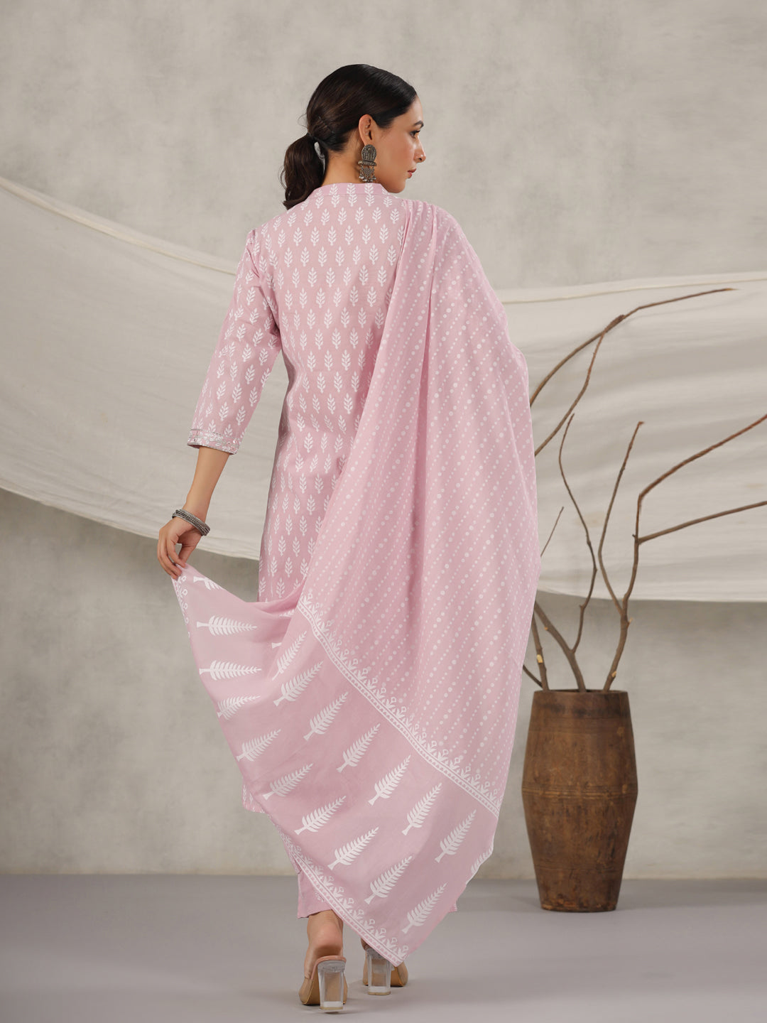 Straight Style Cotton Fabric Mauve Color Kurta And Bottom With Dupatta