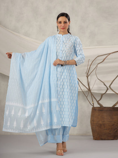 Straight Style Cotton Fabric Blue Color Kurta And Bottom With Dupatta