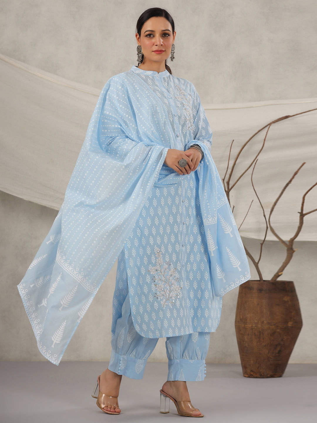 Straight Style Cotton Fabric Blue Color Kurta And Bottom With Dupatta