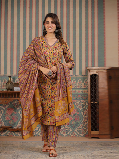 Straight Style Cotton Fabric Mustard Color Kurta And Bottom With Dupatta