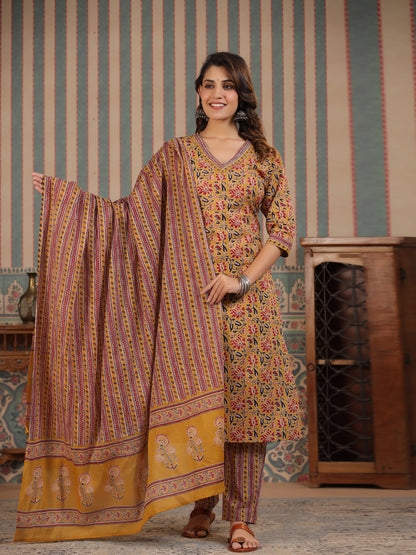 Straight Style Cotton Fabric Mustard Color Kurta And Bottom With Dupatta