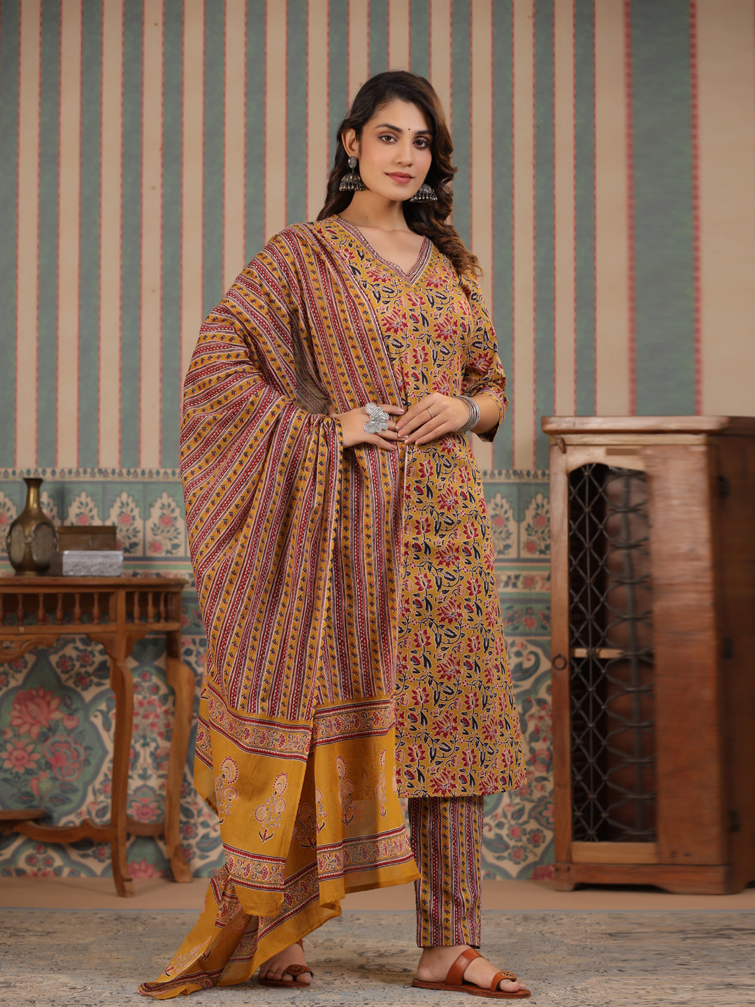 Straight Style Cotton Fabric Mustard Color Kurta And Bottom With Dupatta