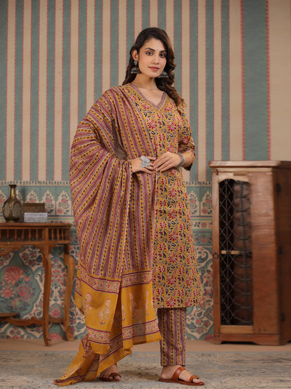 Straight Style Cotton Fabric Mustard Color Kurta And Bottom With Dupatta