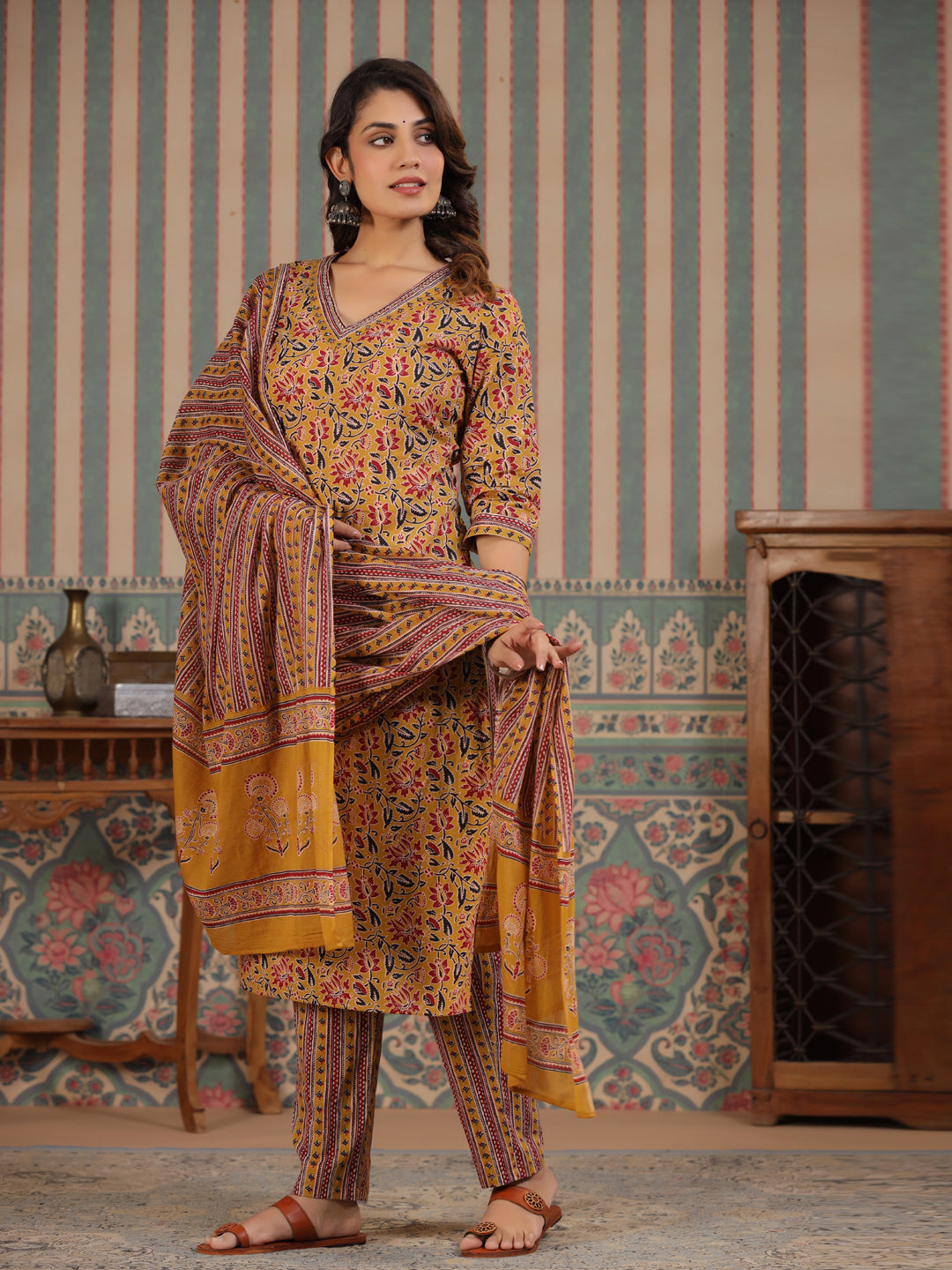 Straight Style Cotton Fabric Mustard Color Kurta And Bottom With Dupatta