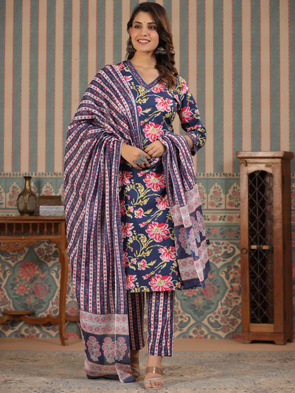 Straight Style Cotton Fabric Blue Color Kurta And Bottom With Dupatta