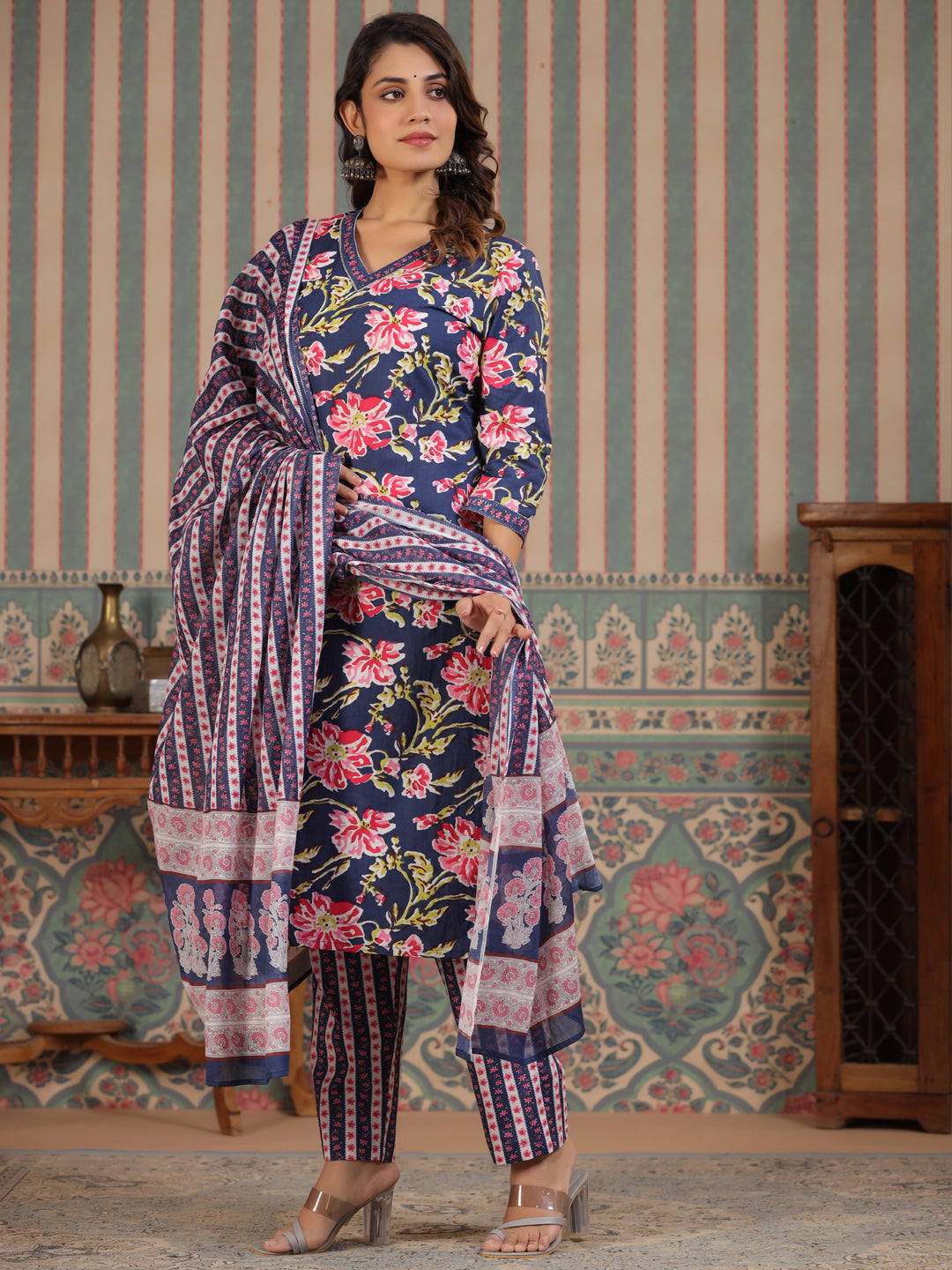 Straight Style Cotton Fabric Blue Color Kurta And Bottom With Dupatta