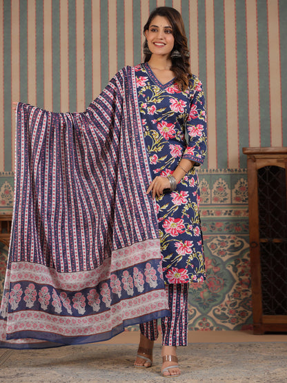 Straight Style Cotton Fabric Blue Color Kurta And Bottom With Dupatta