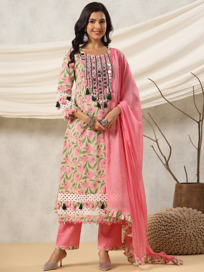 A Line Style Cotton Fabric Pink Color Kurta And Bottom With Dupatta
