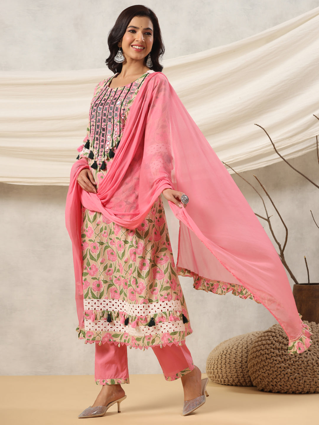 A Line Style Cotton Fabric Pink Color Kurta And Bottom With Dupatta